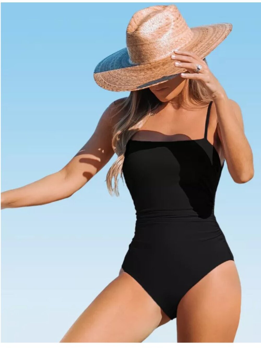 Cupshe Black One Piece Square Neck Ruched Tummy Control Swimsuit Large NWT